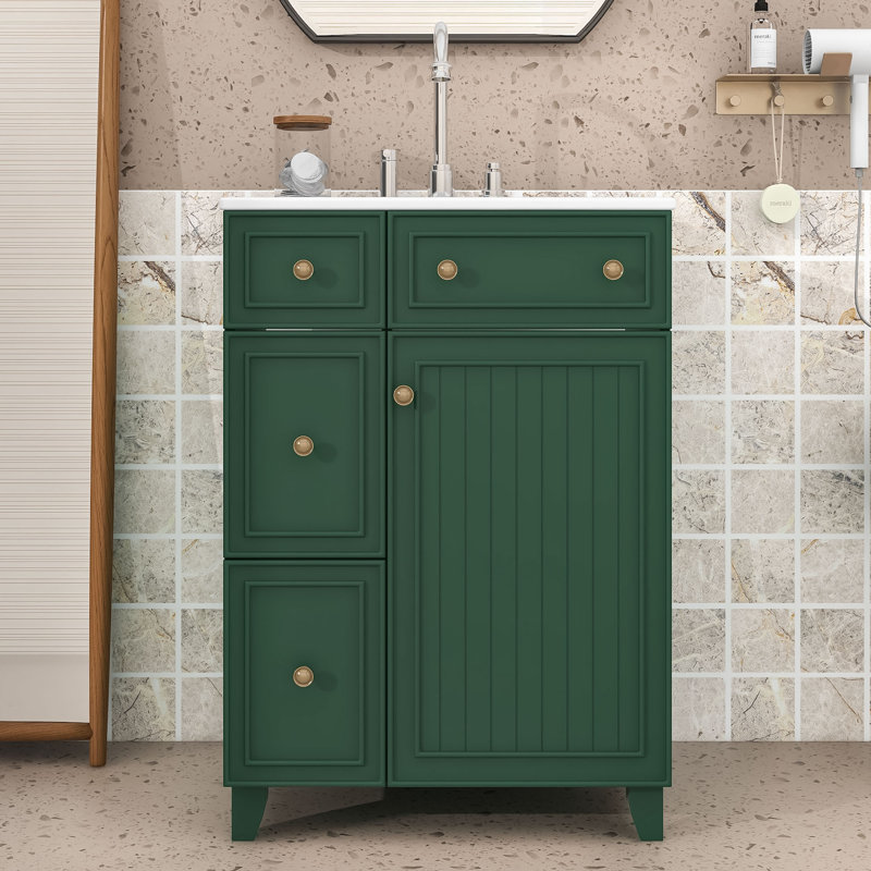 Meuble-lavabo chic 2 tiroirs 24 po avec lavabo en céramique et conception compacte, Vert givré, Doré