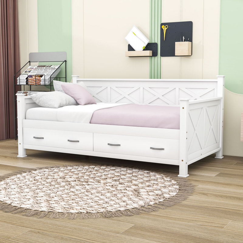 Shirl Twin Size Two Drawers Wooden Daybed, Cream White