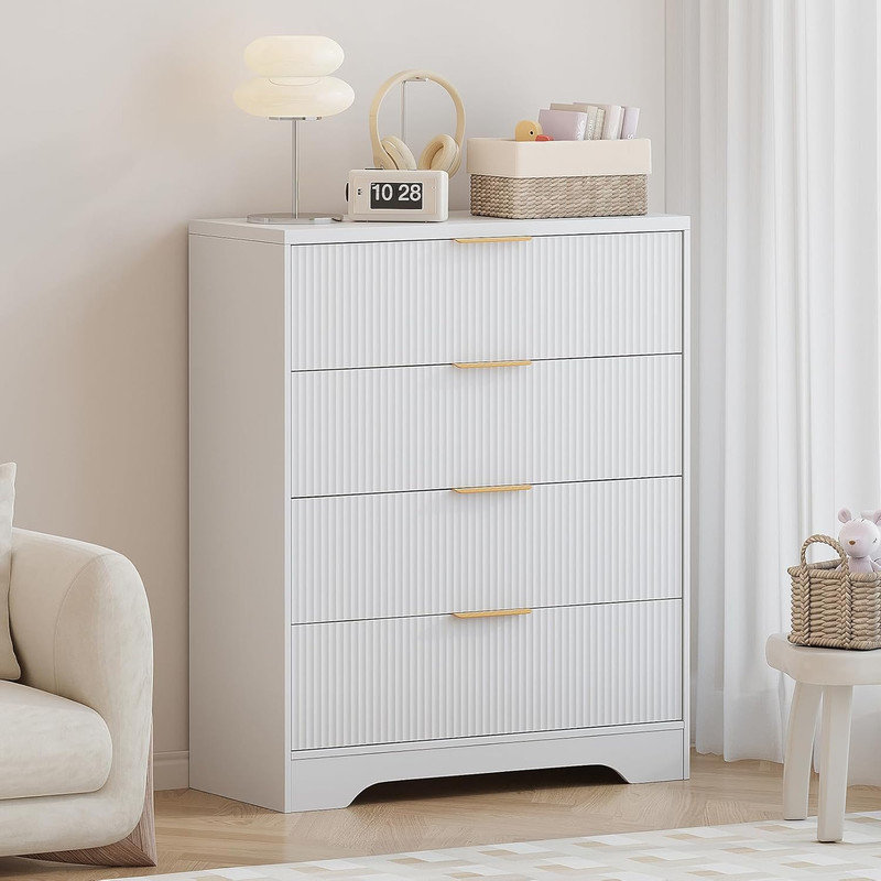31.5" Dresser with 4 Drawers, Fluted Texture & Metal Handles, Compact Storage Cabinet for Bedroom, Living Room, White