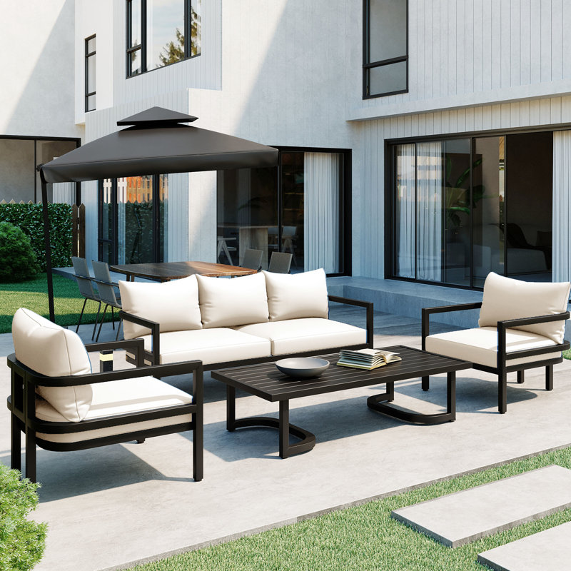 Ustyle Lawn Outdoor With Table - Waterproof, Rust, . Curved Design For Optimal Comfort. Beige Cushions, Steel Construction. Easy To Clean Multi Made, Waterproof & Blocking Comfy Cushions Ideal Garden