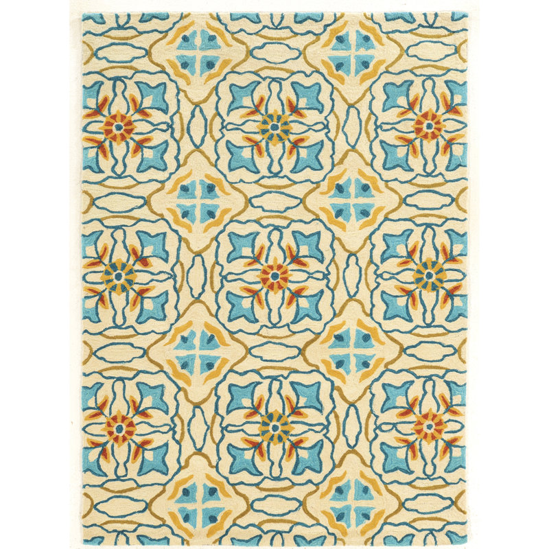 Mugge Damask Handmade Tufted Blue/Beige/Orange Area Rug, Rectangle 5' x 7'
