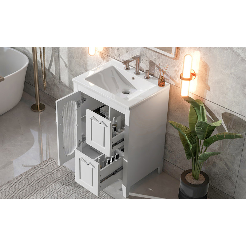 24" Bathroom Vanity With Ceramic Sink, White Solid Wood & Cabinet, Two Drawers, Door, Adjustable Shelf Sink ,, White