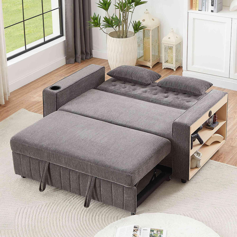 Pull-out sofa bed with adjustable backrests, Gray Chenille
