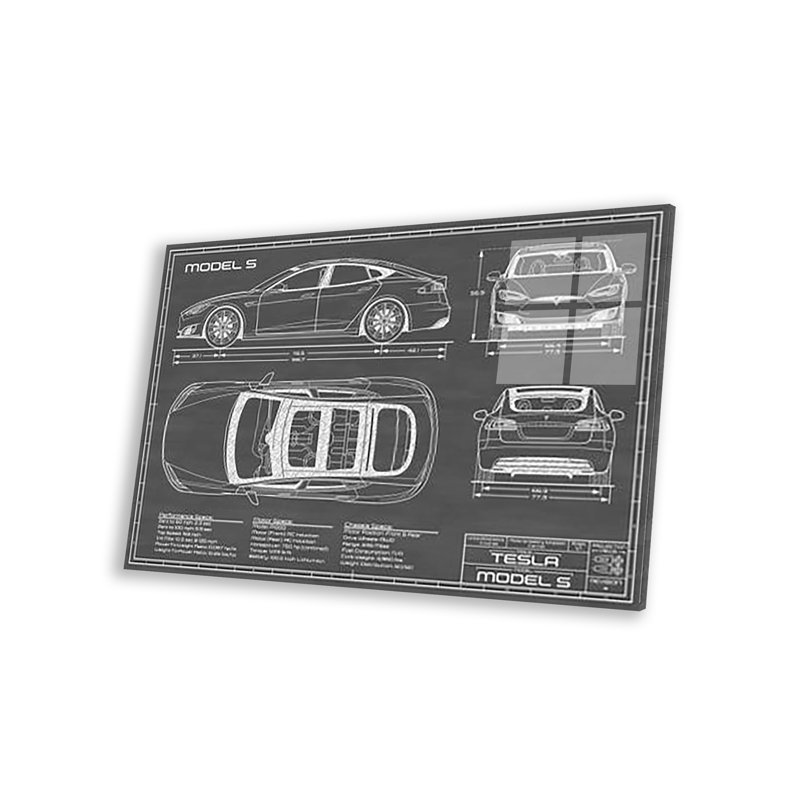 Tesla Model S (2016-2020) | Impression noire sur verre acrylique, H 24 po x l 16 po x P 0,25 po