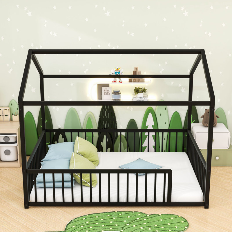 Structure de lit en métal avec clôture Montessori, Noir, Complète
