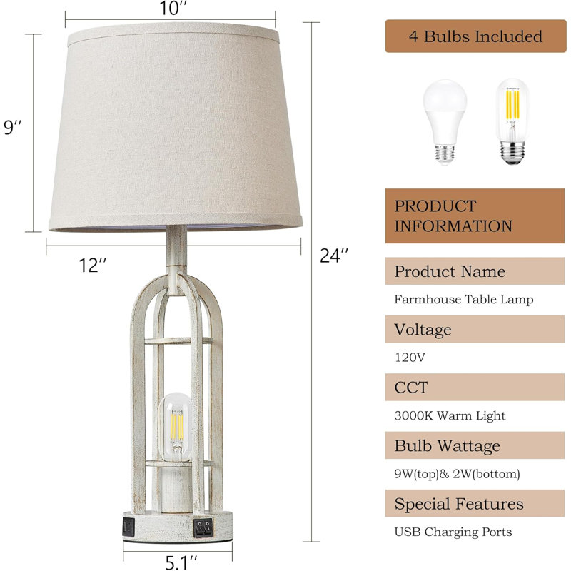 Bronze Industrial Farmhouse Bedside Lamps with Linen Shade, Set of 2