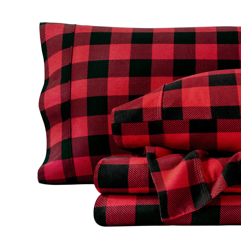Ensemble de literie en flanelle 100 % coton, Ensemble de draps pour grand lit avec 2 taies d'or, Red/Black Buffalo Plaid