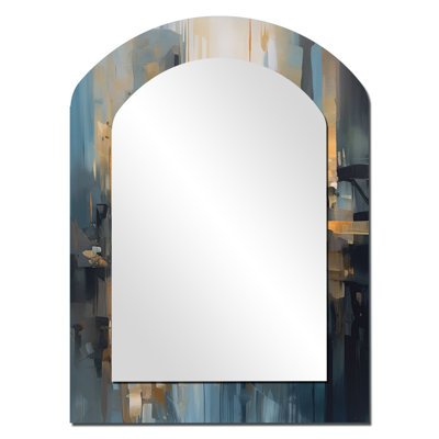 Mélange géométrique orange bleu - miroir décoratif minimaliste asymétrique, miroir mural arqué moderne, impression d'art en métal