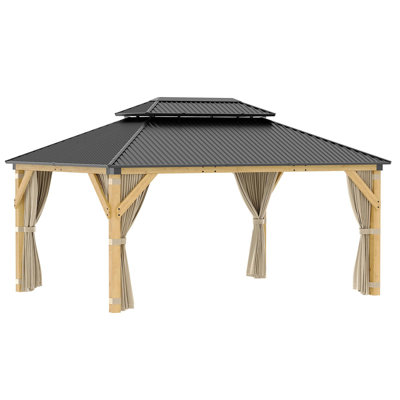 Abri de jardin 12 po x 16 pi à toit rigide avec filets et rideaux, auvent extérieur en acier galvanisé à double toit en grain de bois robuste