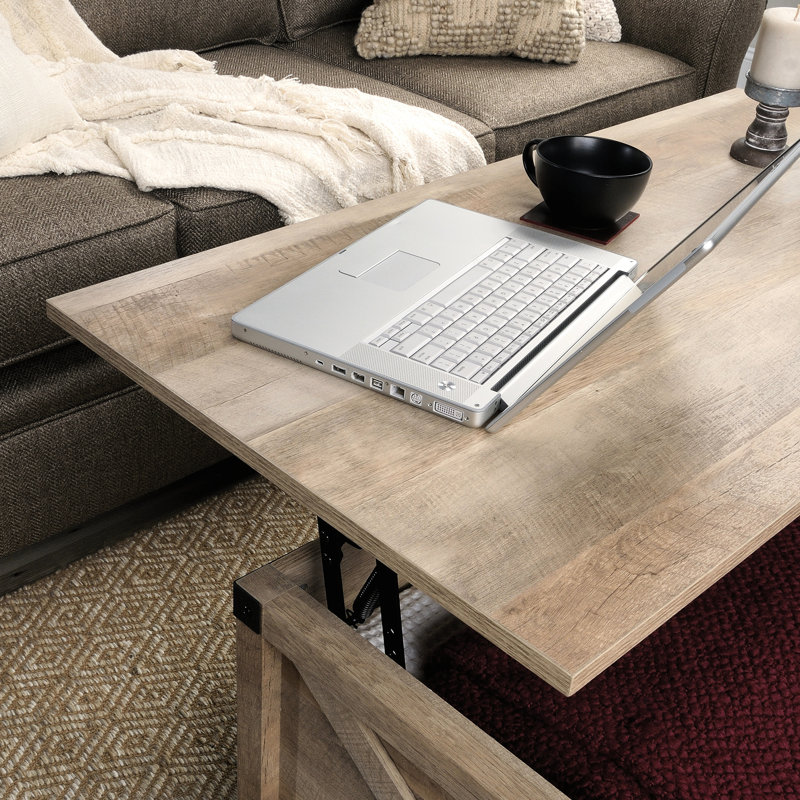 Table basse à plateau relevable de couleur brune, rangement caché pour les télécommandes, articles de salon à tablettes ouvertes, profondeur de 27,46 po, surface de présentation, hauteur de 40,22 po, placement polyvalent