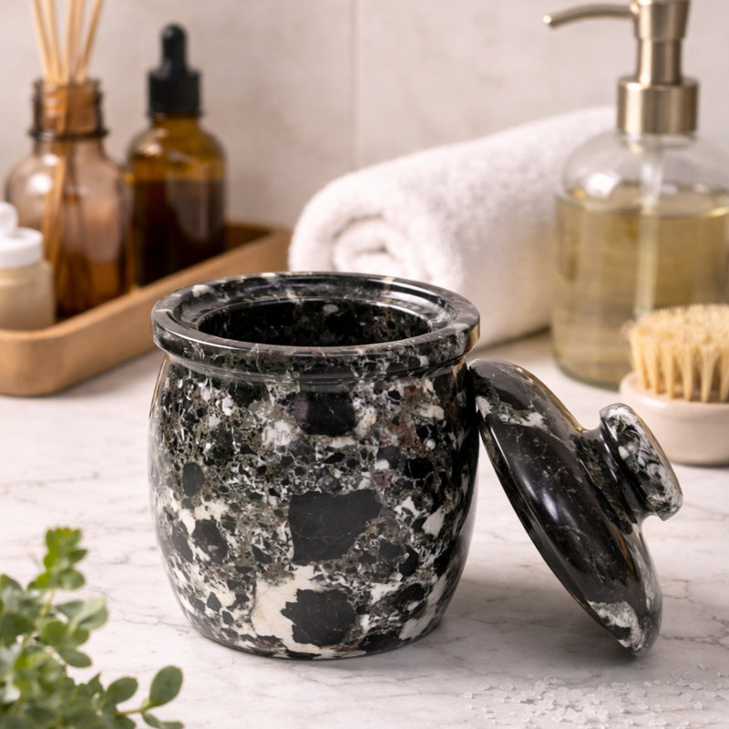 Pot décoratif en marbre zébré noir avec couvercle - Accent de rangement en pierre naturelle