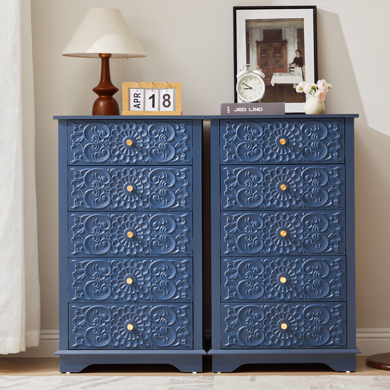 Commode embossée à 5 tiroirs l 20,07 po, Bleu