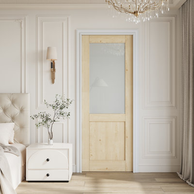24" x 80" Half‑Lite Solid Pine Wood & Tempered Frosted Glass Interior Slab Door, Unfinished & Paintable, w/o Hardware, for Bedroom, Closet, Hallway, Living Room, Pantry & Bathroom, Ideal for Prehung, Barn, Pocket, French & Bifold Door