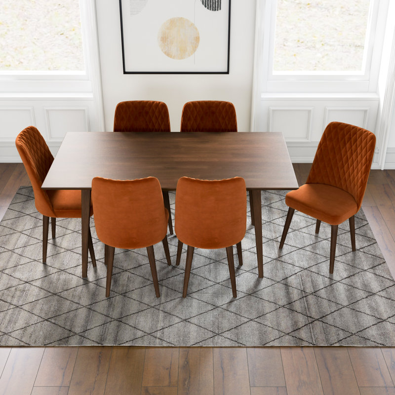 Artem 7-Piece Mid-Century Dining Set W/ 6 Velvet Dining Chairs, Orange