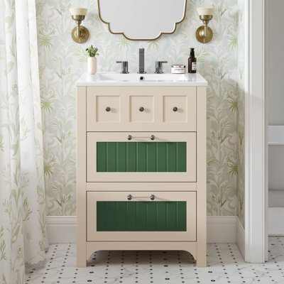Meuble-lavabo autoportant de 24 po avec lavabo en céramique et 2 tiroirs, structure en bois massif
