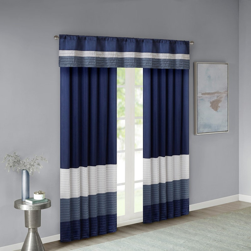 Rideau pintuck moderne en polyoni bleu marine et ivoire