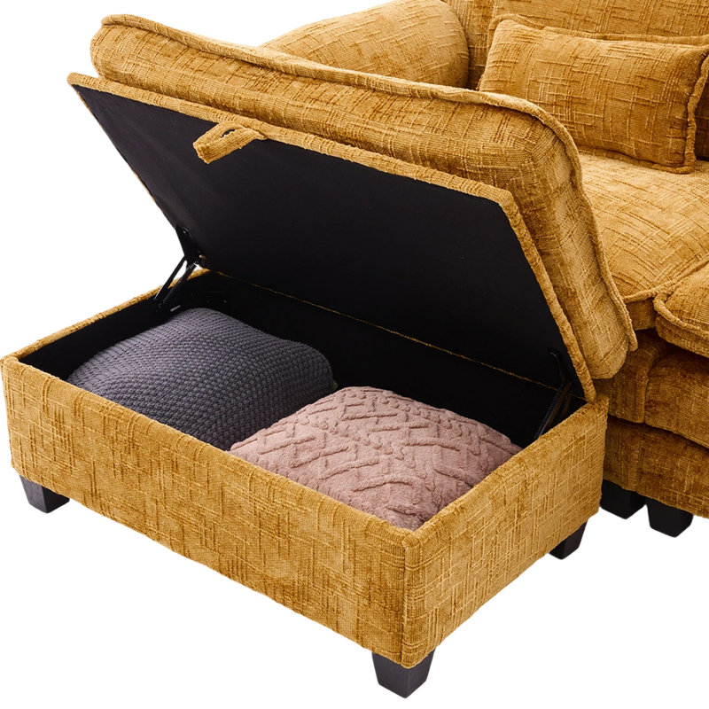 Canapé modulaire confortable en chenille avec tissu doux, structure et peau en bois massif - pour espace de vie surdimensionné éponge à haute densité de 112 po, support pour téléphone à poches latérales