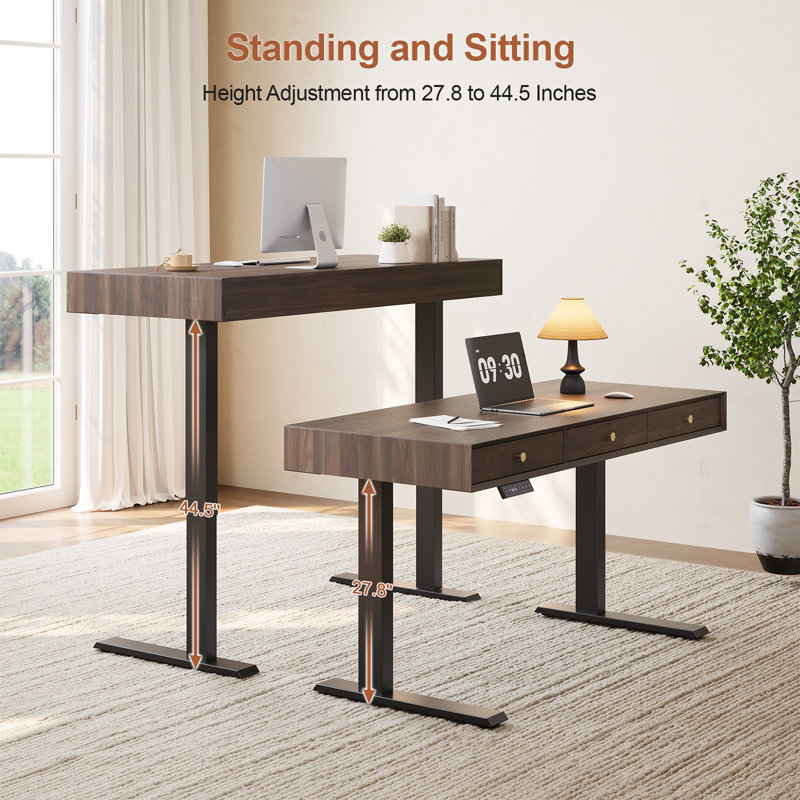 Electric Standing Desk With 3 Drawers, Height Adjustable Computer Desk, Walnut, 44.49" H x 55.12" W x 23.62" D