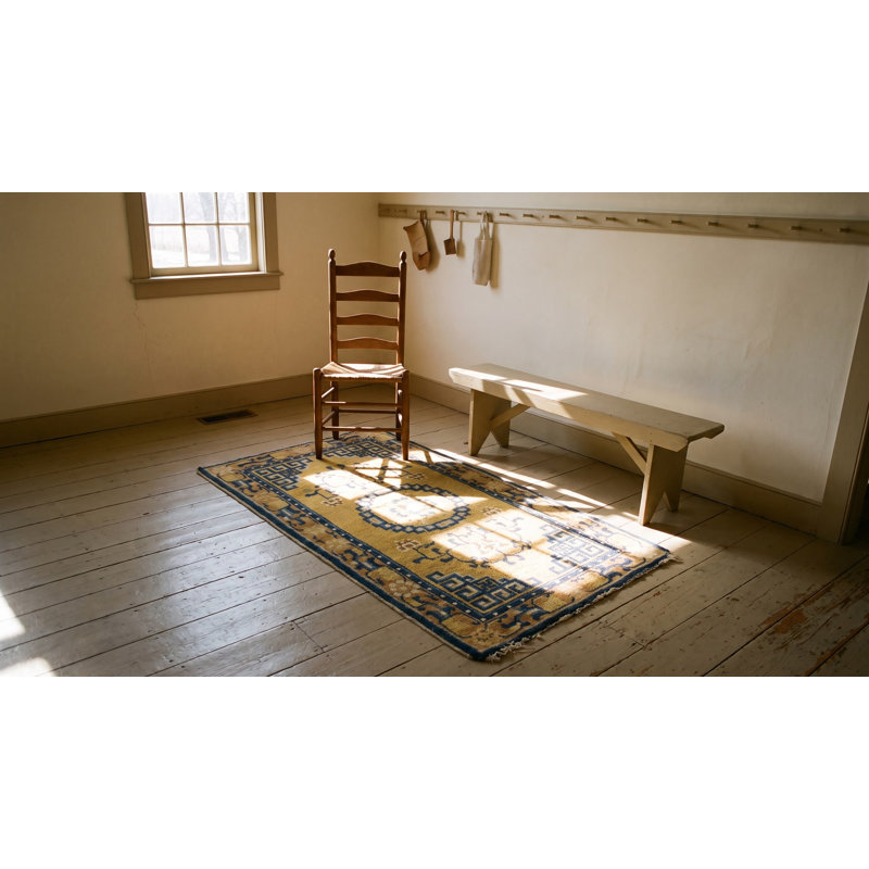 Antique Ningxia Chinese Medallion Yellow 1800s Rug