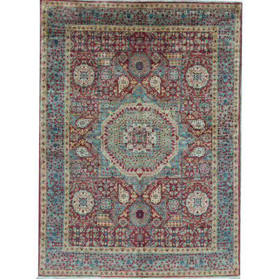 Tapis rouge et bleu noué à la main de haute qualité