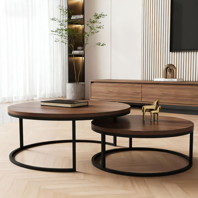 Ensemble de tables basses gigognes 31,5 pouces pour salon avec plateau en bois et base en métal, Brun