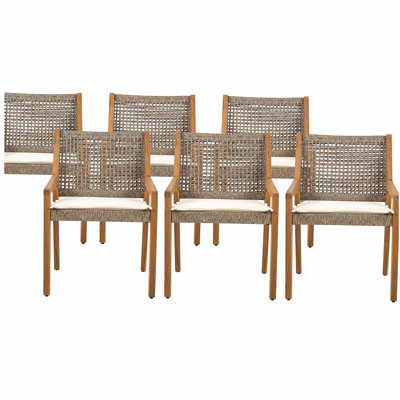 Ensemble de chaises de salle à manger d'extérieur - bois d'acacia et osier avec coussin de patio crème - finition teck et brun wicke, convient aux grands rassemblements - ensemble de 6 (N770p272397g (3 boîtes))