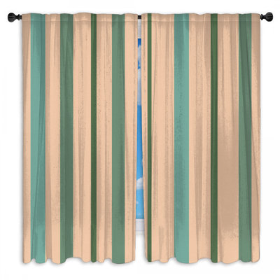 Rideaux de fenêtre vert et beige à rayures verticales et voilage - 2 panneaux