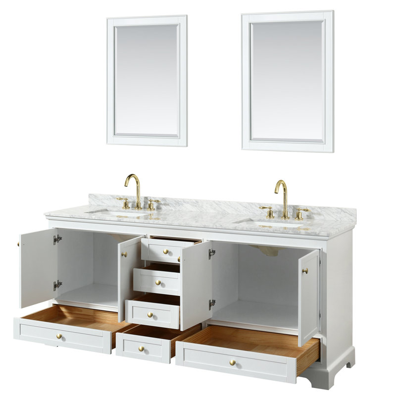 Deborah 79.75'' Double Bathroom Vanity with Marble Top, White, Brushed Gold
