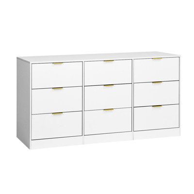 Commode blanche 9 tiroirs, grande commode profonde de 63 po, commode en bois avec 9 tiroirs pour la chambre à coucher, commodes longues pour le salon, couloir