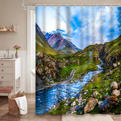 Mountain River Valley Hiking Spring Landscape Shower Curtain with 12 Hooks