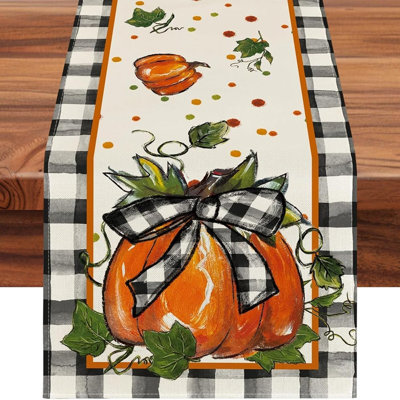 Pumpkin Bow Buffalo Plaid Thanksgiving Table Runner for Autumn Kitchen Dining Table Decor