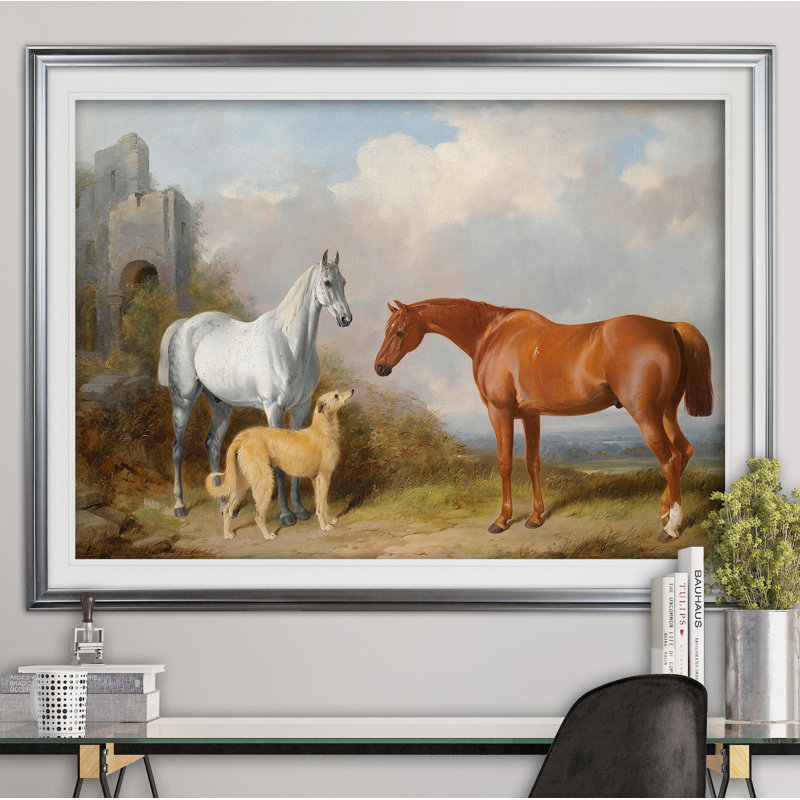 « rétro cheval pastoral », impression de dessin, H 31 po x l 43 po x P 1,5 po, Cadre argenté