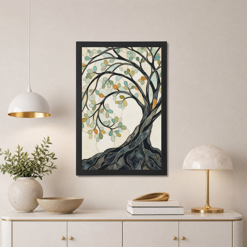 Tableau mural sur toile représentant un arbre de style vitrail aux feuilles turquoise et vertes, H 18 po x l 12 po