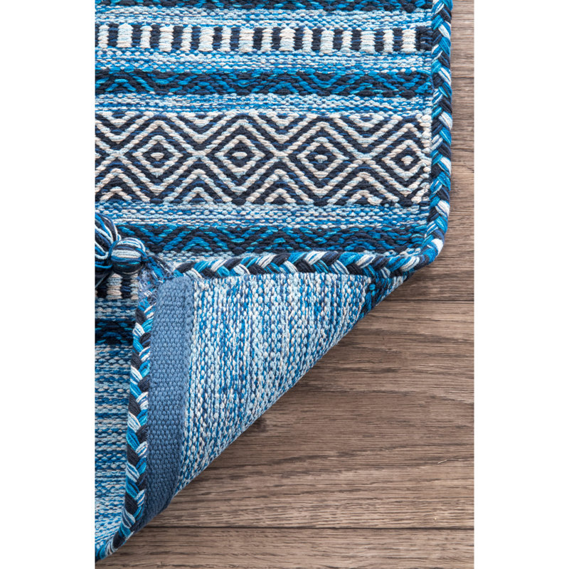 Tapis bleu en coton touffeté à la main à motif géométrique, Rectangle 5 pi x 8 pi