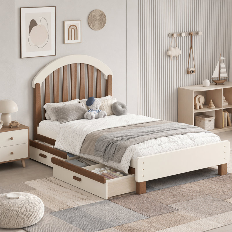 Lit plateforme simple avec tiroir de rangement et tête de lit ronde, Twin, Beige / Naturel