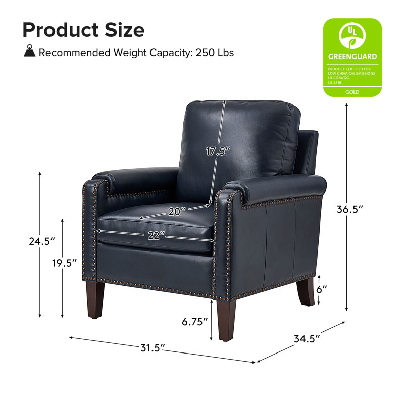 Fauteuil club transitionnel en cuir véritable l 31,5 po Paserella avec pieds en bois massif, Marine