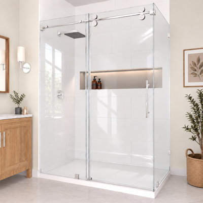 Cabine de douche d'angle coulissante RadianceRP sans cadre, 173-183 cm L x 84 cm P x 193 cm H, fini chromé et verre transparent