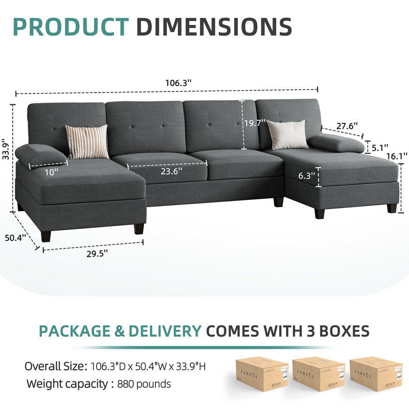 Canapé modulaire rembourré 3 pièces 3 pièces, Mélange de coton noir