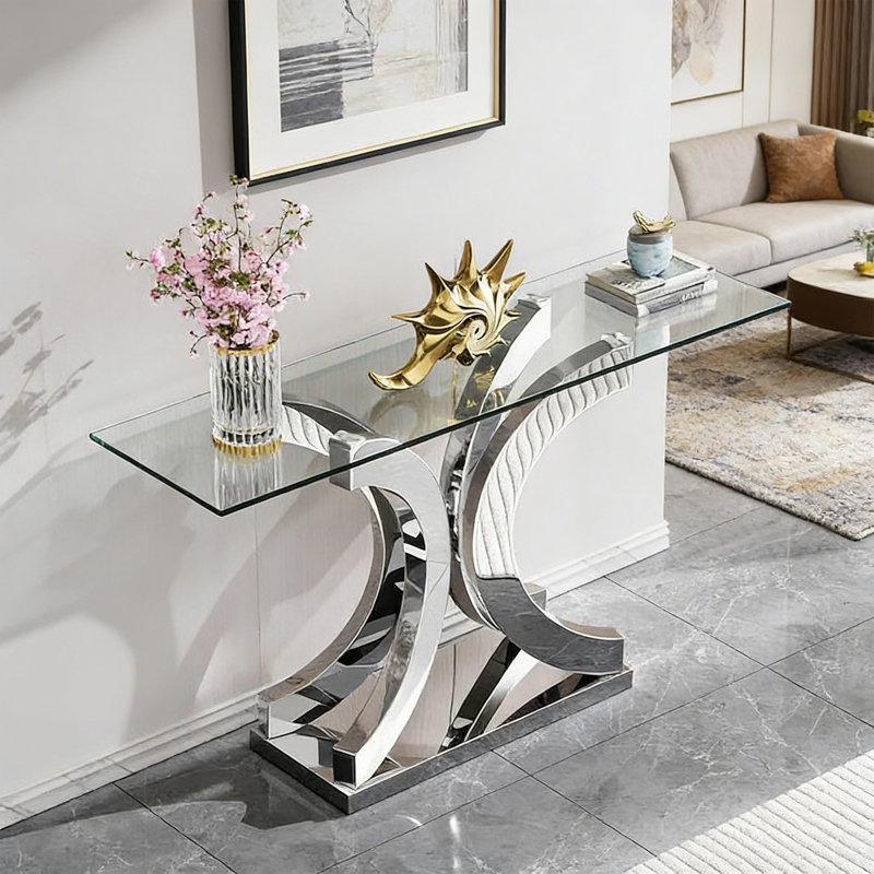 Console en acier inoxydable de style luxueux, H 31,5 po x l 55,12 po x P 15,75 po, Argent