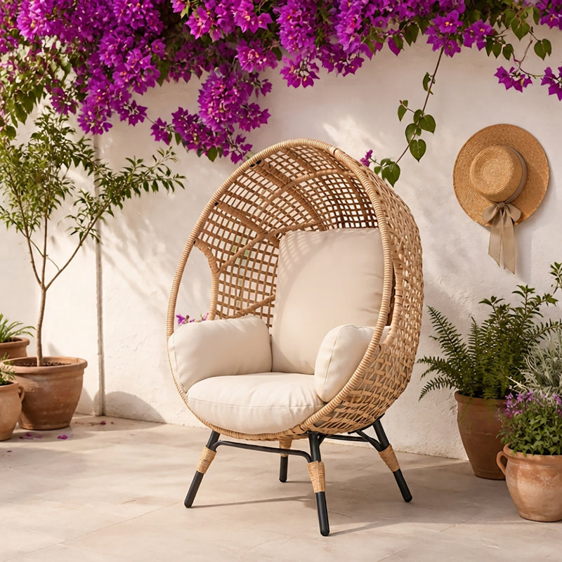 Fauteuil à œufs en osier naturel à rayons ouverts avec coussin, capacité de 400 lb pour une utilisation intérieure / extérieure
