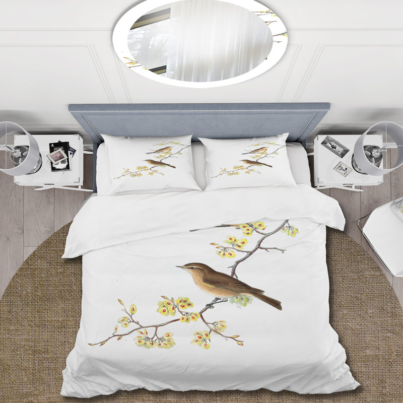 «Little Birds On The Tree Branches II» - Ensemble de housse de couette traditionnel - Microfibre de polyester