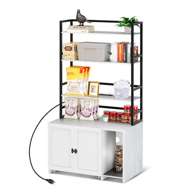 2-in-1 Hidden Cat Litter Box Furniture with Shelf Wooden Cats Furniture with Charging Station Push-Pull Mobile Chassis