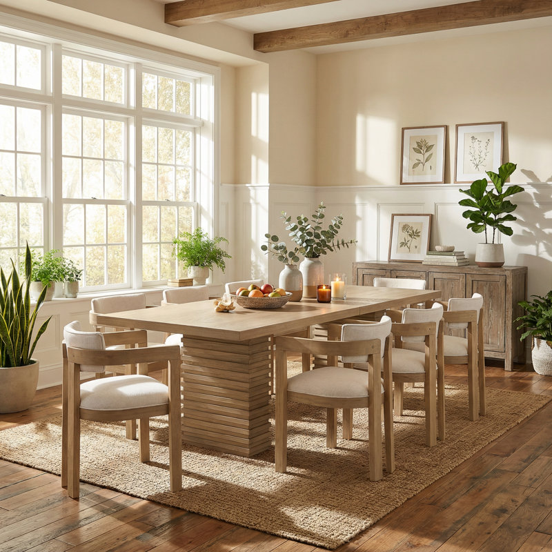 Prescott 9-Piece Mid-Century Modern Wood Dining Table Set With Upholstered Chairs, Light Ash