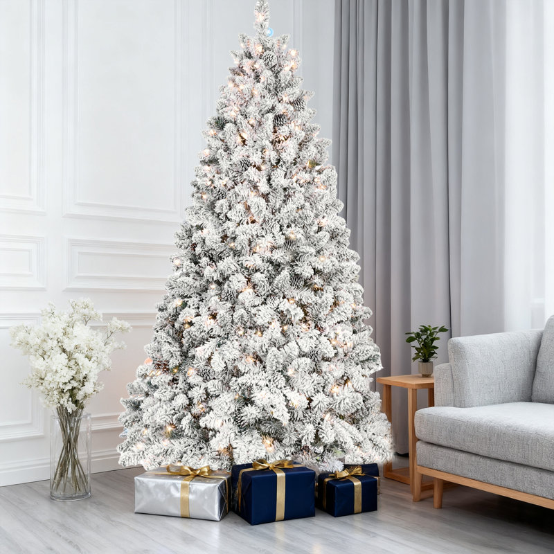 Arbre de Noël pré-éclairé enneigé avec pommes de pin et arbre de Noël, H 4 pi