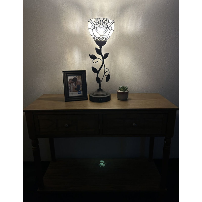 Simonetti Tiffany Torch Table Lamp Stained Glass Baroque Style USB Ports LED Bulb 6"W*6"D*20"H, White
