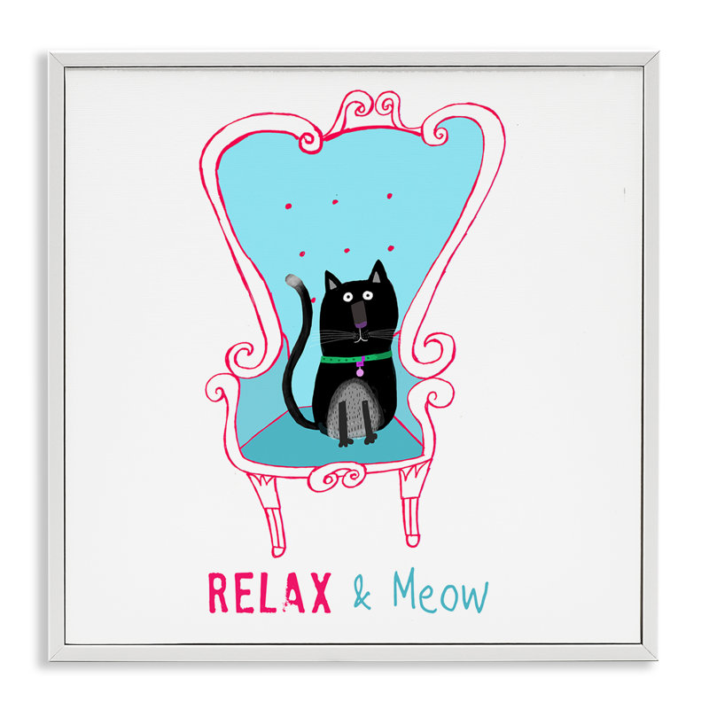 «Relax & Meow», art de la giclée encadrée par Carla Daly, Estampe numérique encadrée blanc bord de mer, H 17 po x l 17 po
