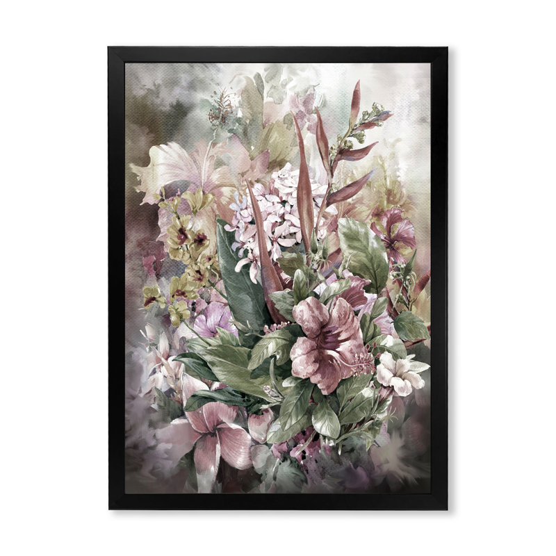 Grunge rose gris, fleurs d'été - décoration murale traditionnelle en toile, Cadre photo noir, H 20 po x l 12 po x P 1 po