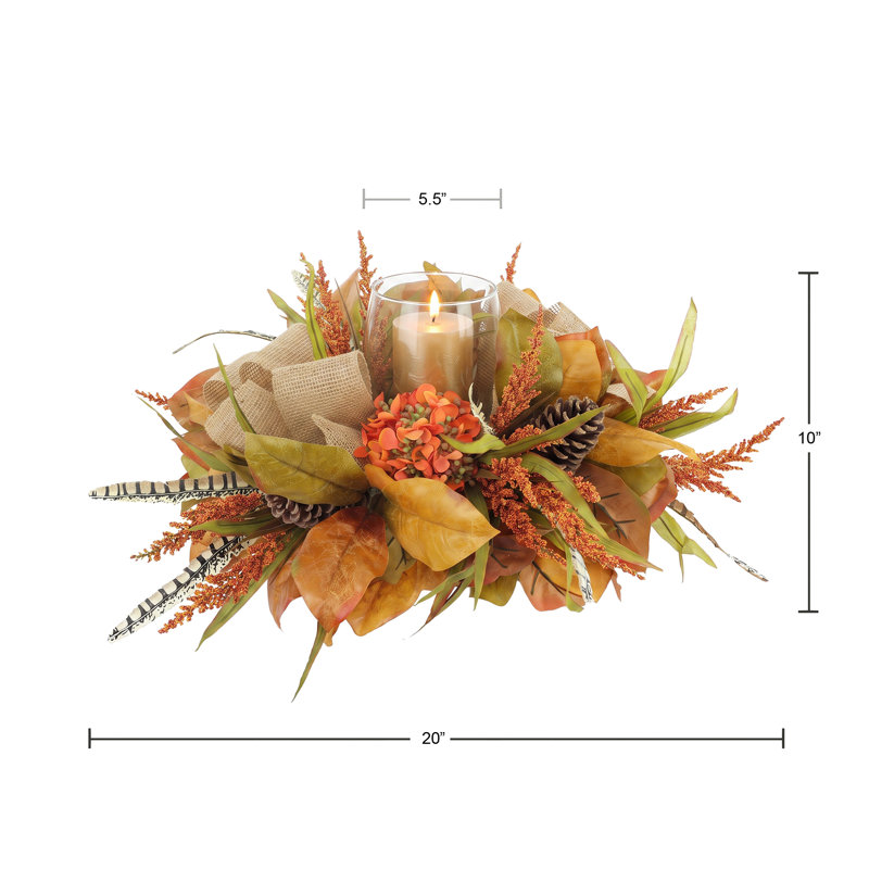 Fall Candleholder Centerpiece with Hydrangeas, Wheat and Pinecones