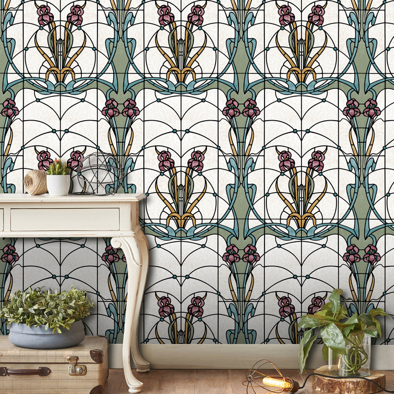 Papier peint floral avec vitrail rouge, Rouge