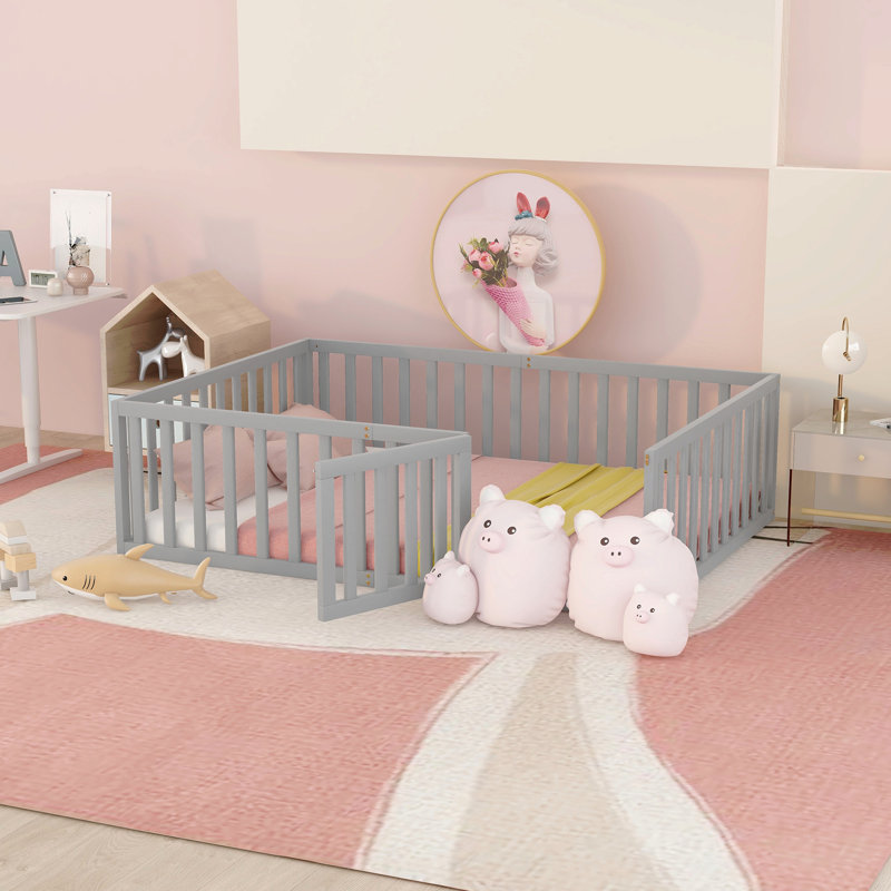 Full Size Wood Daybed Frame With Fence, Gray, Full